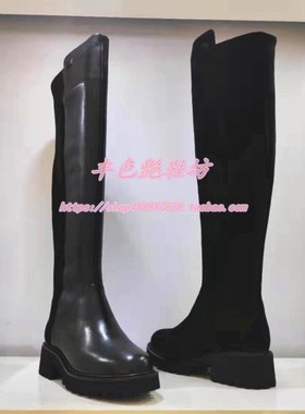 哈森专柜正品断码高筒靴粗方跟加绒保暖牛皮/弹力织物拼接HA15802