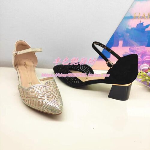 夏新尖头镂空粗中跟包头女凉鞋