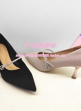 HL236007哈森专柜正品通勤羊反绒细高跟蝴蝶结浅口尖头金色女婚鞋