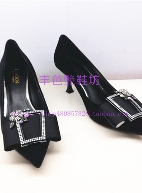 专柜正品哈森断码羊反绒尖头细跟水钻扣蝴蝶结浅口女单鞋hl96027