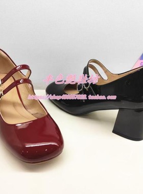 HL237101哈森专柜正品2023春新粗高跟玛丽珍搭扣红色牛漆皮女单鞋