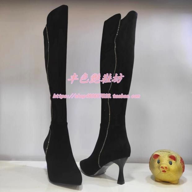 卡迪娜专柜正品冬季时装版细高跟尖头羊反绒女高筒皮靴子KA221593