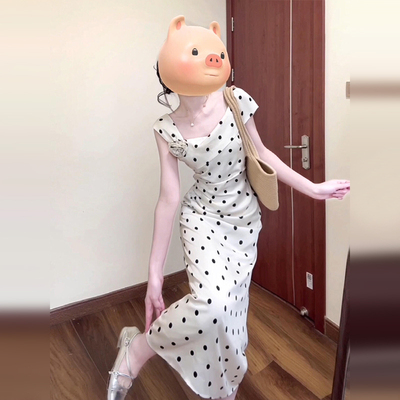 法式波点吊带白色连衣裙