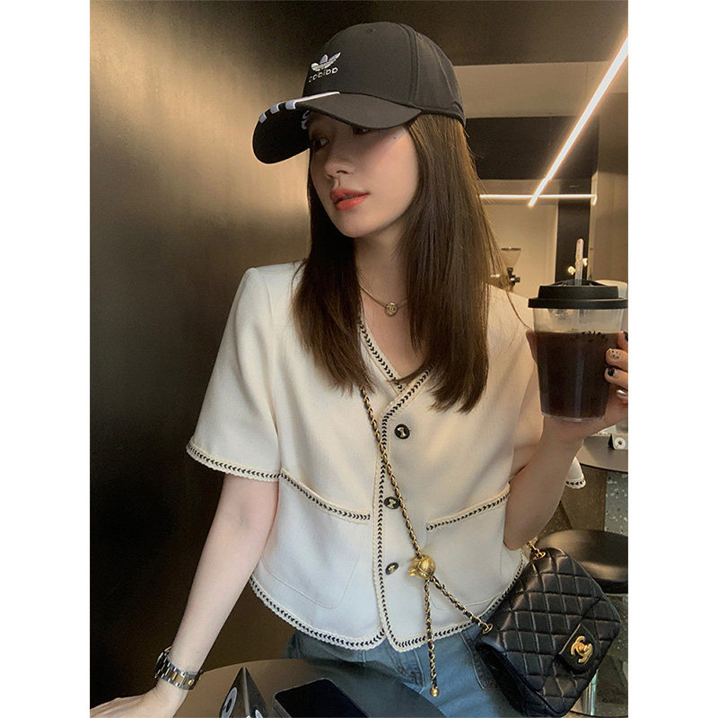 短袖小香风V领外套女夏季