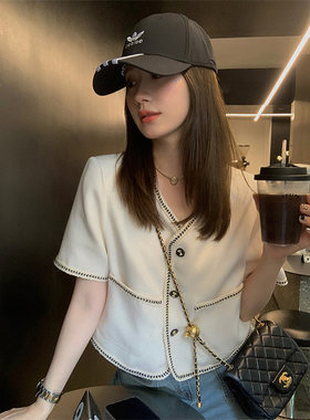 短袖小香风V领外套女夏季