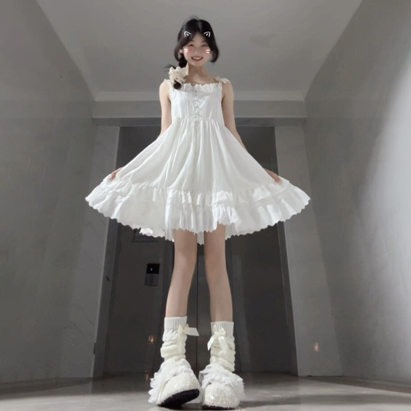 法式白色甜美蕾丝拼接吊