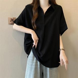 高级感黑色短袖 女2025春夏季 大码 衬衫 上衣 新款 胖mm显瘦V领POLO衫