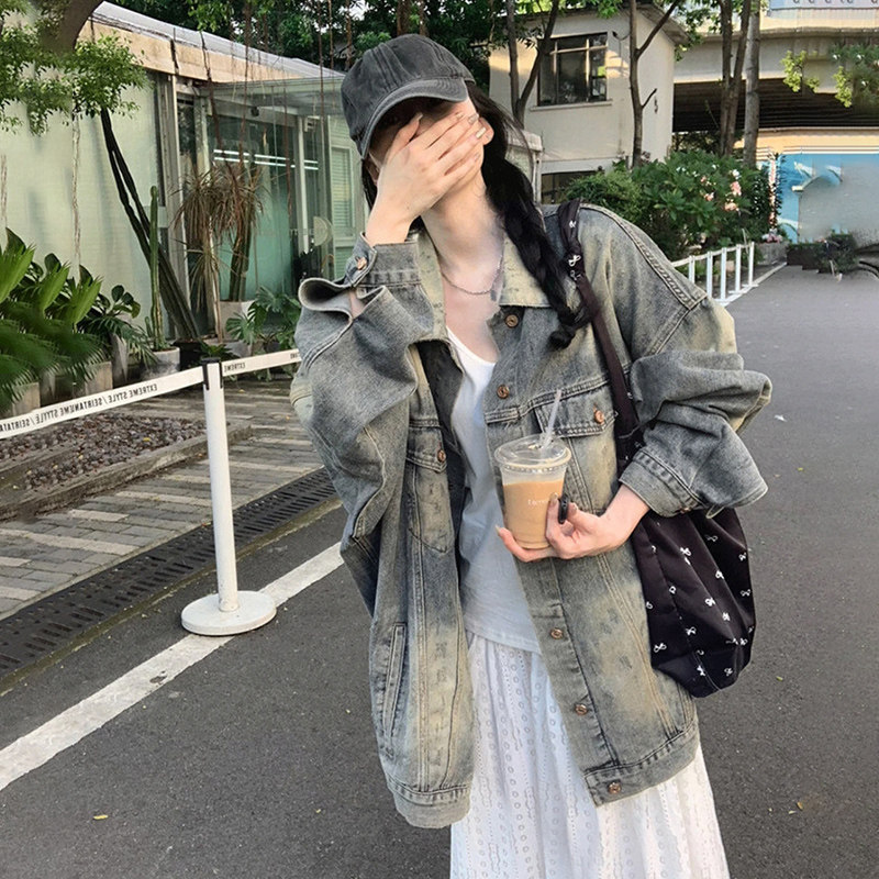 开春牛仔外套女2025新款春秋季宽松bf慵懒风美式高街复古夹克上衣