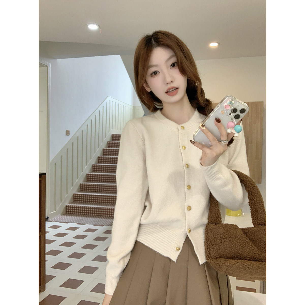 春季2025新款韩版圆领甜美纽扣开衫外套针织打底衫长袖上衣女毛衣