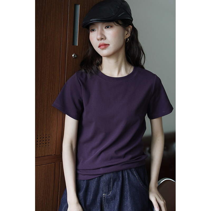 暗紫色t恤女夏季2025年新款纯色圆领短袖上衣通勤百搭显瘦体恤潮