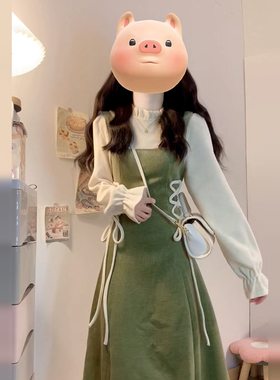 法式假两件绿色连衣裙子女夏季2025新款今年流行爆款高级感长裙