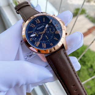 FOSSIL手表真皮表带啡色玫瑰金三眼计时石英表商务休闲防水男表