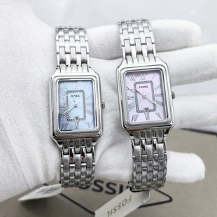 FOSSIL手表不锈钢方形粉色浅蓝色贝母表盘简约时尚 石英表日历女表