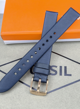 FOSSIL化石真皮表带14MM通用深蓝色玫瑰金扣针扣平纹女士手表配件