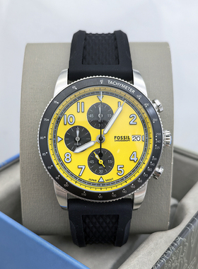 FOSSIL手表黑色硅胶表带黄色表盘潮流时尚计时石英表防水日历男表