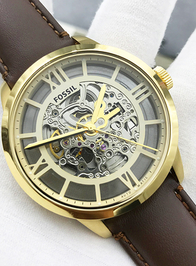 FOSSIL手表真皮表带金色镂空自动机械表时尚潮流防水男表ME3043