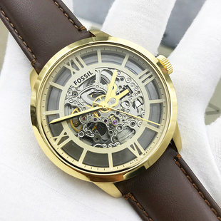 FOSSIL手表真皮表带金色镂空自动机械表时尚 潮流防水男表ME3043