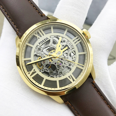FOSSIL手表真皮表带镂空机械表