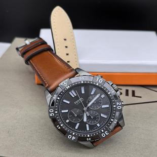 新款 FOSSIL手表棕色真皮表带三眼计时灰黑商务休闲石英表防水男表