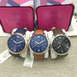FOSSIL手表轻奢潮流真皮表带三眼计时石英表商务休闲防水男表
