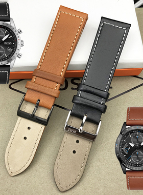 现货HUGO BOSS表带头层牛皮22MM黑色棕色平口针扣男士手表配件