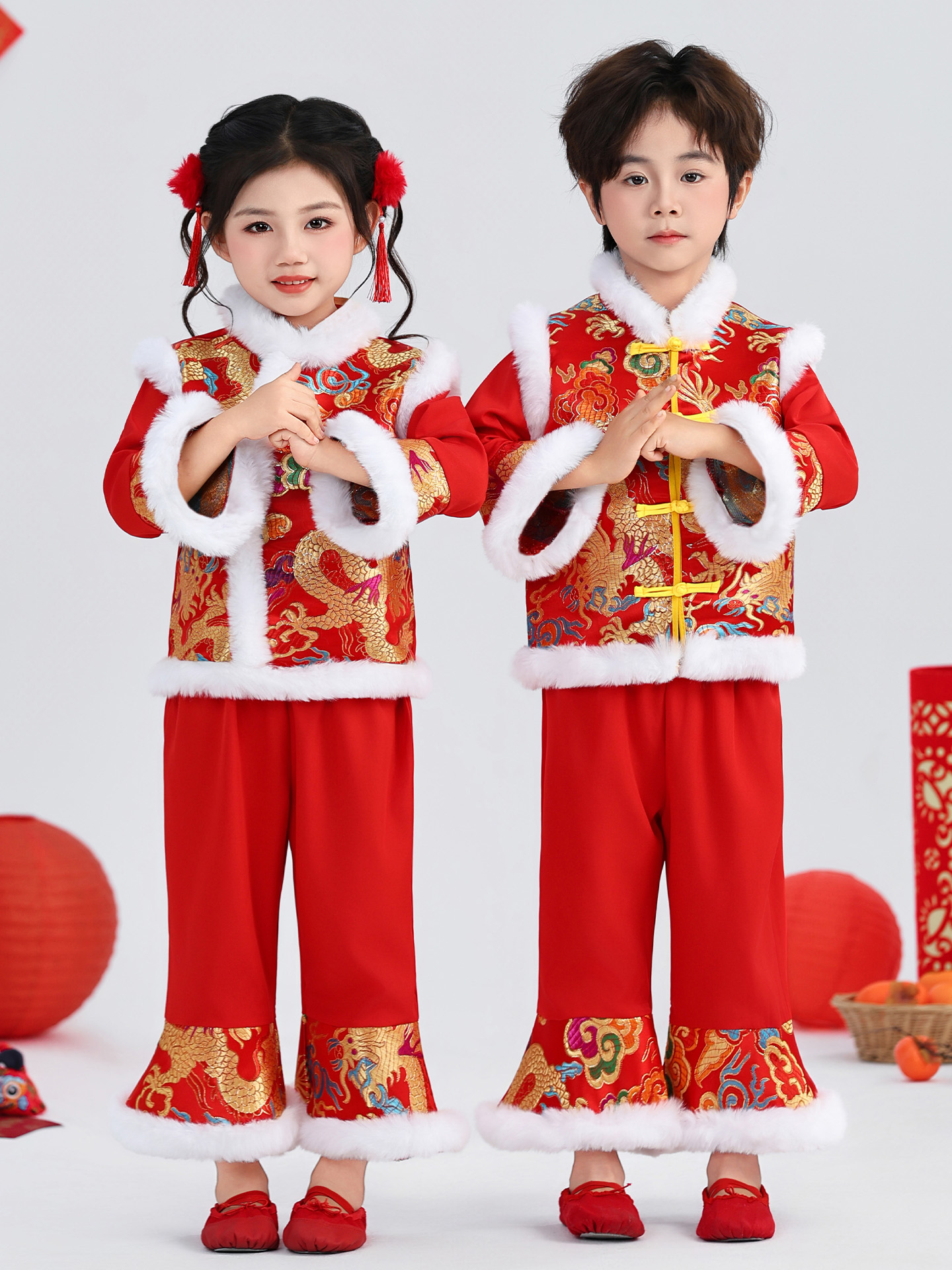 元旦儿童喜庆演出服男童女童中国风民族幼儿园拜年服开门红表演服