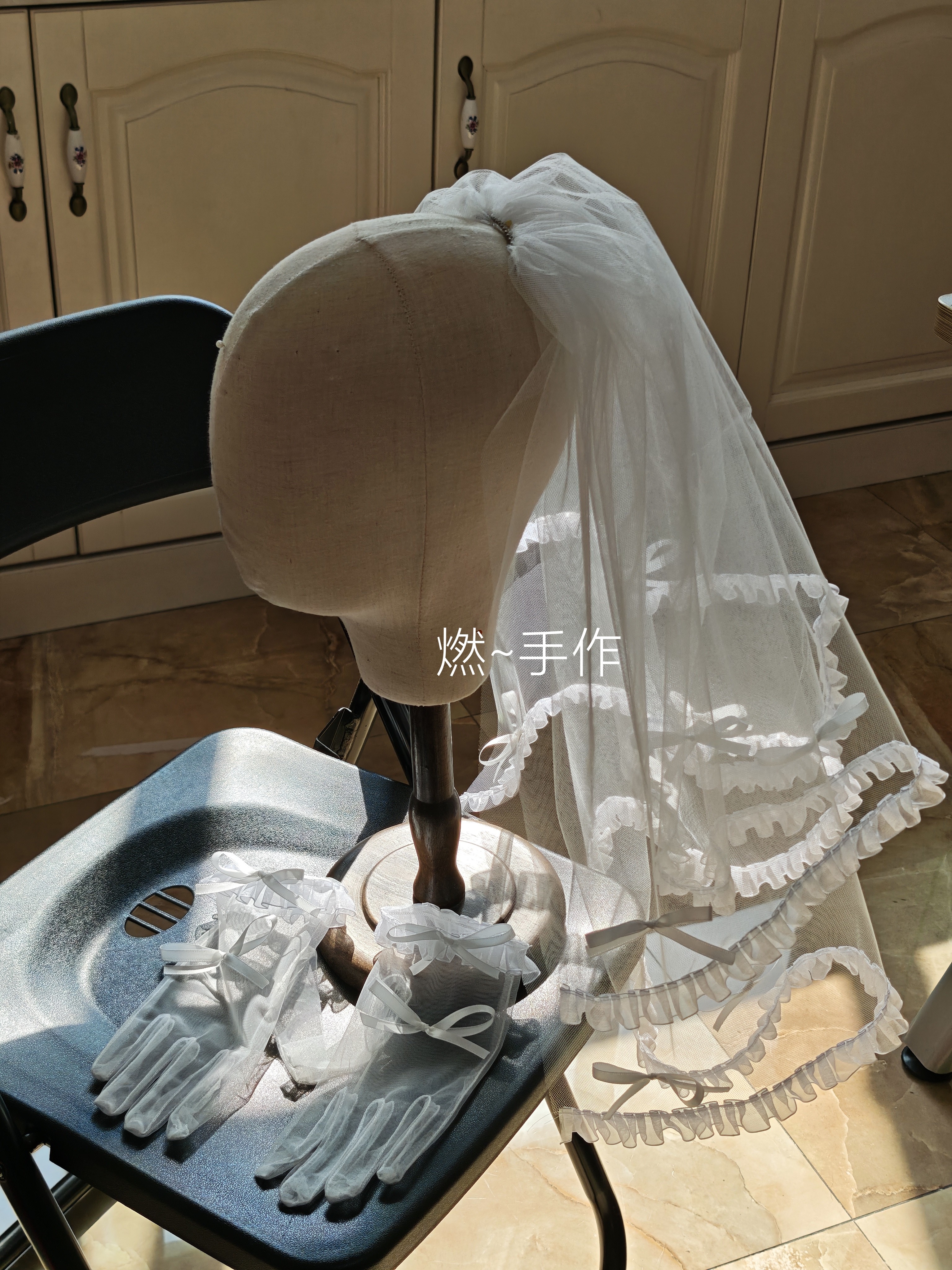 燃手作-新娘饰品-韩系领证双层头纱 手套