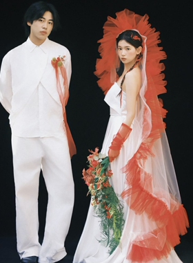 新娘饰品-个性红色荷叶边小众头纱