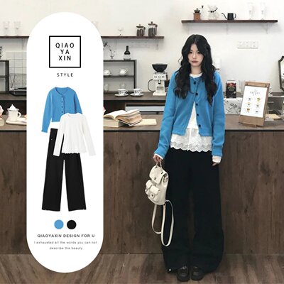 小香风蓝色毛衣叠穿套装女早春季2026新款超火韩系一整套ootd穿搭