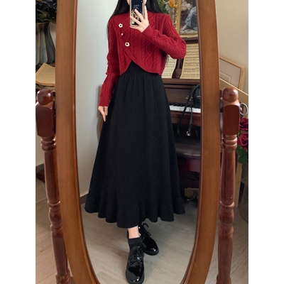 大尺码冬季新中式女装小香风气质显瘦内搭针织毛衣洋装子两件式套