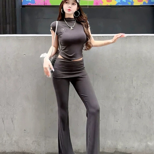 套装 夏季 上衣+喇叭裤 饰弹力舒适小包袖 潮 轻奢灰梵文刺绣标金属装