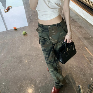 复古设计感洋气ins阔腿裤 夏季 女ins美式 十字架梵文迷彩休闲裤 新款