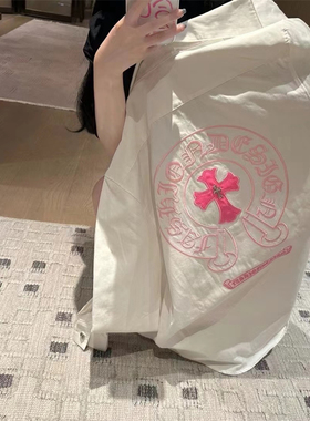 粉色刺绣梵文字母十字架衬衫女春夏新款时髦百搭洋气减龄洋气衬衣