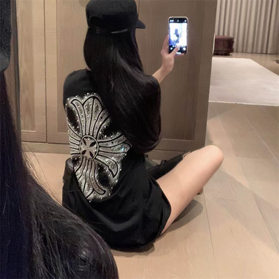 十字架梵文针织重工烫钻短袖T恤女夏季新款韩版宽松中长款上衣潮