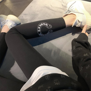 马蹄十字架印花弹力小脚瑜伽紧身九分裤 外穿黑色打底裤 女秋冬季