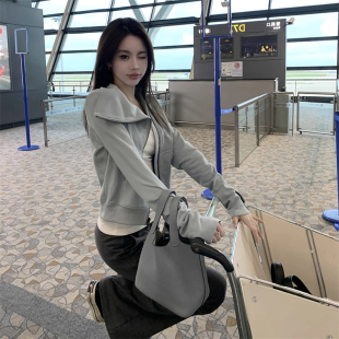 不规则翻领拉链卫衣女秋季 小众纯欲宽松慵懒设计感显瘦外套 新款