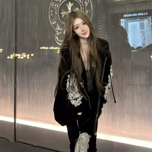 情侣上衣 梵文马蹄双臂印花连帽卫衣女ins宽松中长款 春夏新款 韩版