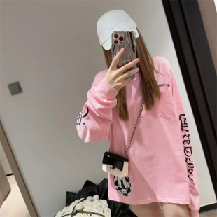 马蹄梵文口袋印花长袖 小众宽松慵懒显瘦减龄防晒上衣 T恤女夏新款