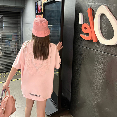 十字架梵文刺绣贴布短袖T恤女夏季潮牌ins超火炸街纯棉中长款上衣