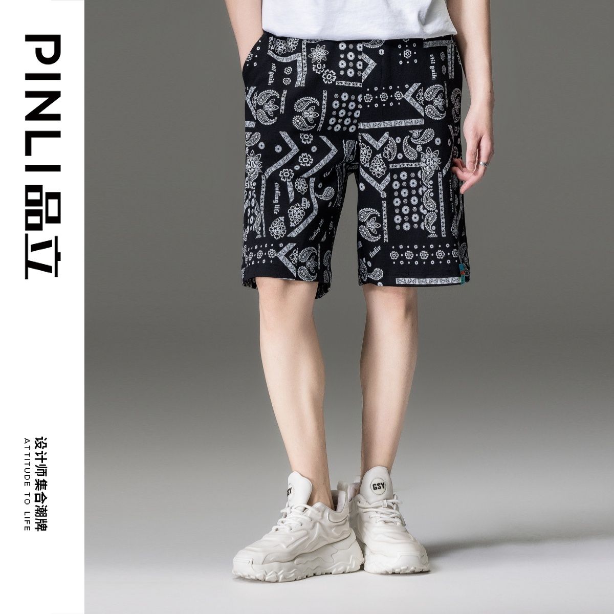 品立2023夏季新款薄款潮流印花运动五分裤男士休闲5分外穿短裤男