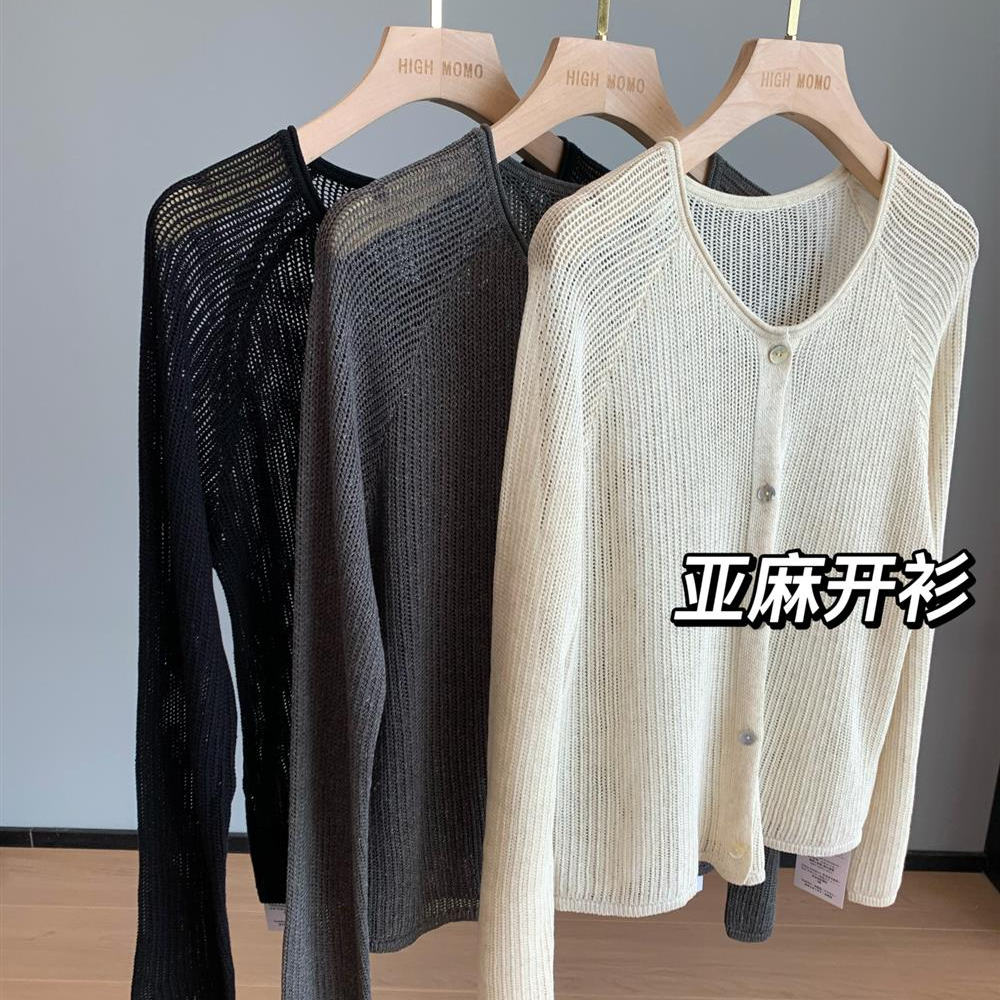 葡萄洞挑法~质感好舒适显瘦贝壳扣亚麻镂空长袖防晒针织开衫女