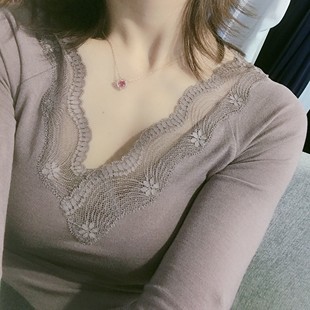 修身 岛国 性感蕾丝V领秋衣内穿女薄款 发热纤维莫代尔套装 出日本