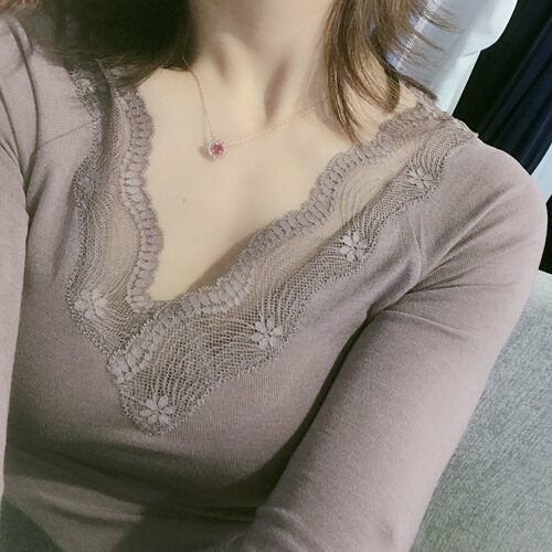 岛国 出日本！发热纤维莫代尔套装性感蕾丝V领秋衣内穿女薄款修身