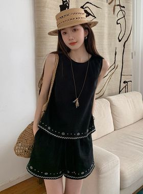 张贝贝ibell苎麻棉民族风撞色刺绣蝴蝶结绑带背心复古气质短裤女