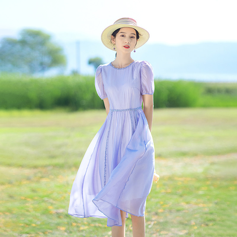 红念夏季紫色连衣裙女中长款设计感小众2022年新款女装高级感裙子