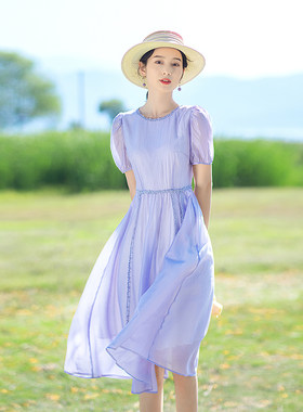 红念夏季紫色连衣裙女中长款设计感小众2022年新款女装高级感裙子