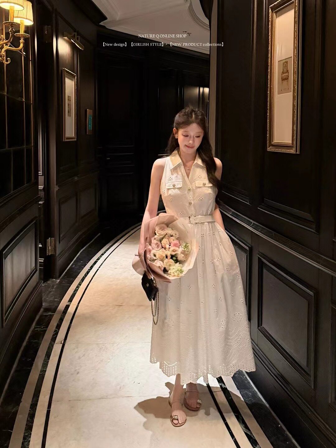 杨小卷全棉镂空刺绣法式高智千金感白色衬衫裙连衣裙女夏季长裙