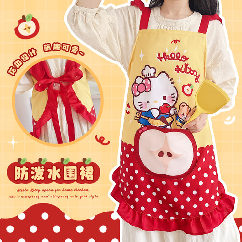 苹果小猫围裙厨房家用新款女防水防油做饭罩衣高颜值可爱带擦手巾