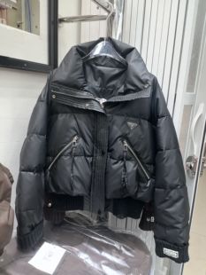 欧版休闲皮料白鸭绒羽绒服女短款2024冬季针织袖口拼接小个子外套