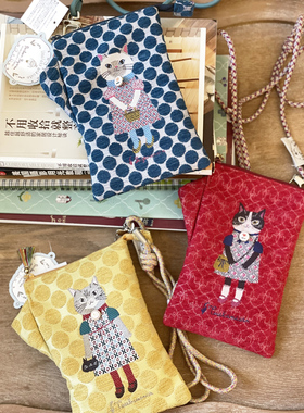 出口日本 猫刺绣斜挎手机包拉链小包 iphone华为大屏6.7寸适用